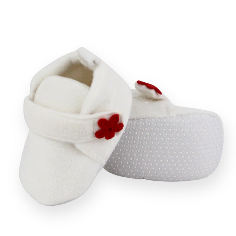 Baby Unisex Velboa White,Red Floral Velcro Booties-BT5661