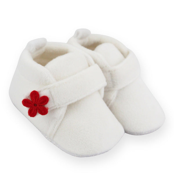Baby Unisex Velboa White,Red Floral Velcro Booties-BT5661