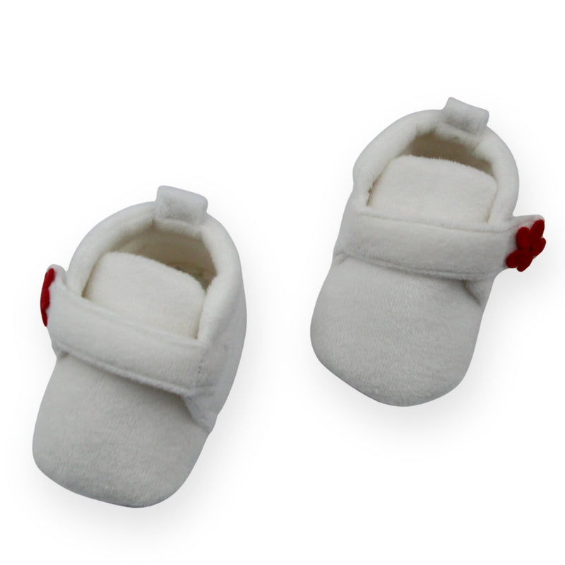 Baby Unisex Velboa White,Red Floral Velcro Booties-BT5661