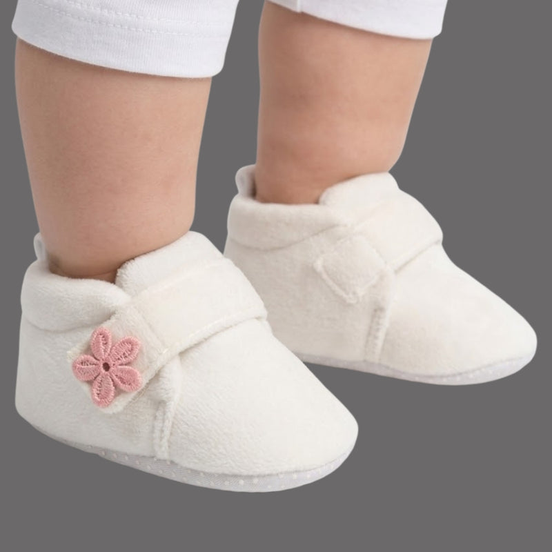 Baby Unisex Velboa White,Peach Floral Velcro Booties-BT5662