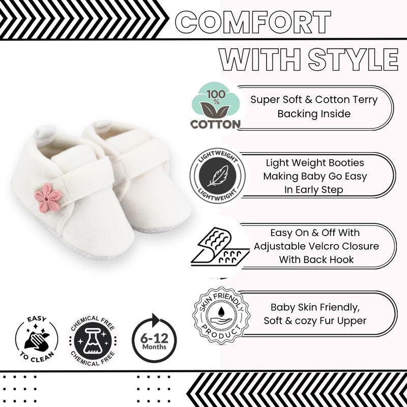 Baby Unisex Velboa White,Peach Floral Velcro Booties-BT5662
