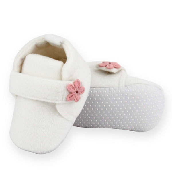 Baby Unisex Velboa White,Peach Floral Velcro Booties-BT5662