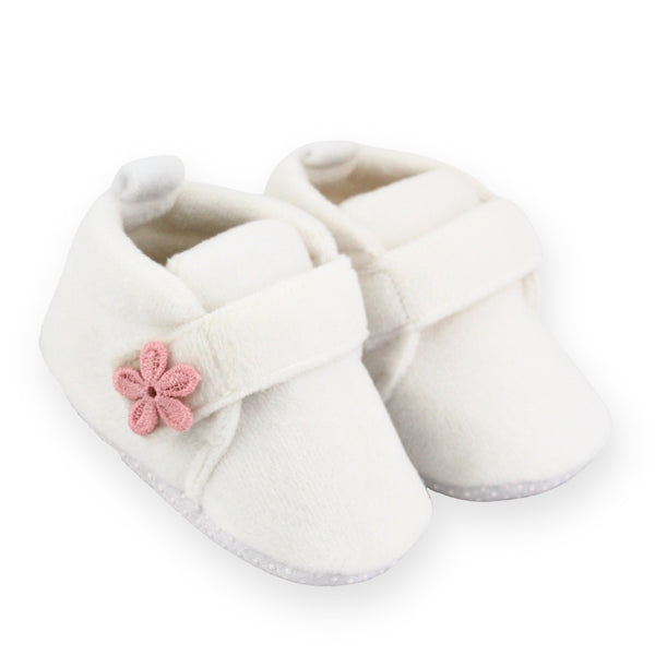 Baby Unisex Velboa White,Peach Floral Velcro Booties-BT5662