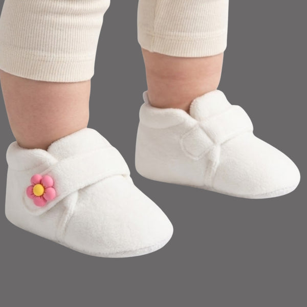 Baby Unisex Velboa White,Pink Floral Velcro Booties-BT5663