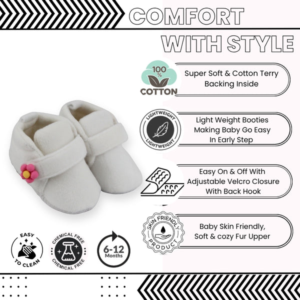 Baby Unisex Velboa White,Pink Floral Velcro Booties-BT5663