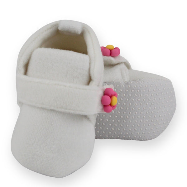 Baby Unisex Velboa White,Pink Floral Velcro Booties-BT5663