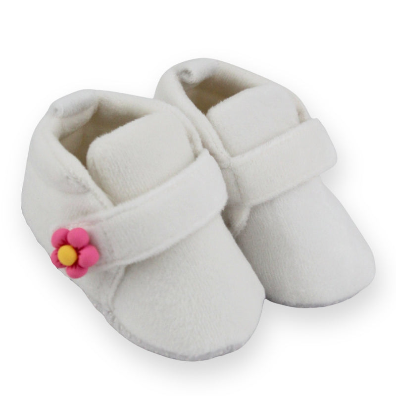Baby Unisex Velboa White,Pink Floral Velcro Booties-BT5663