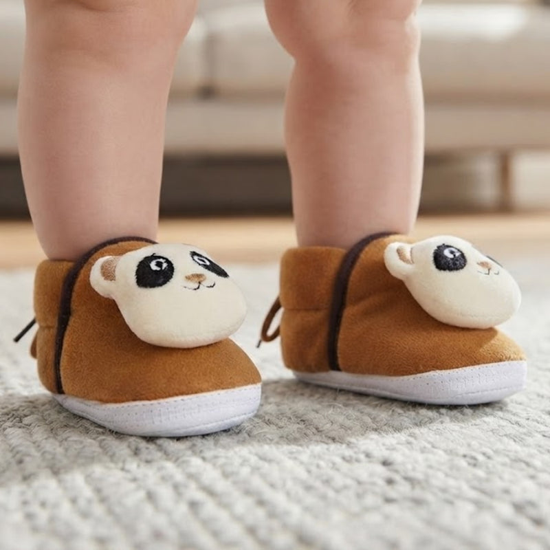 Baby Unisex Cotton and Fur Teddy Bear Face Brown Lace Booties-BT721