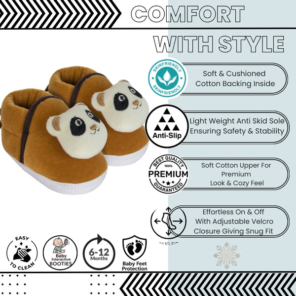 Baby Unisex Cotton and Fur Teddy Bear Face Brown Lace Booties-BT721