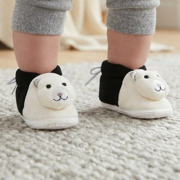 Baby Unisex Cotton and Fur Teddy Bear Face Black,White Lace Booties-BT722
