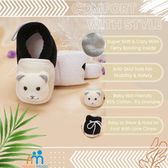 Baby Unisex Cotton and Fur Teddy Bear Face Black,White Lace Booties-BT722