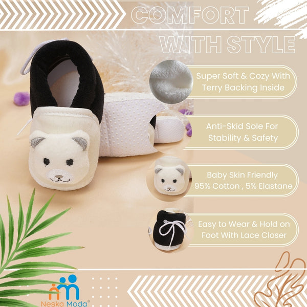 Baby Unisex Cotton and Fur Teddy Bear Face Black,White Lace Booties-BT722