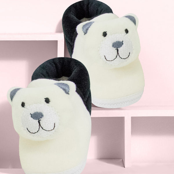 Baby Unisex Cotton and Fur Teddy Bear Face Black,White Lace Booties-BT722