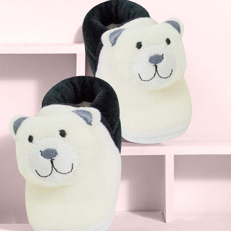 Baby Unisex Cotton and Fur Teddy Bear Face Black,White Lace Booties-BT722