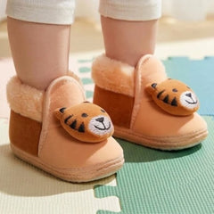 Baby Unisex Cotton and Fur Tiger Face Beige,Brown Lace Booties-BT791