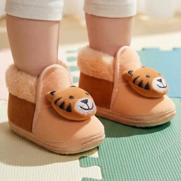 Baby Unisex Cotton and Fur Tiger Face Beige,Brown Lace Booties-BT791