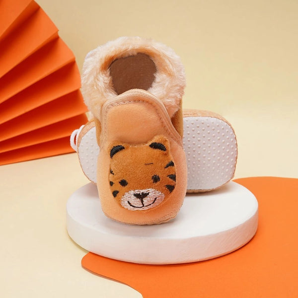 Baby Unisex Cotton and Fur Tiger Face Beige,Brown Lace Booties-BT791