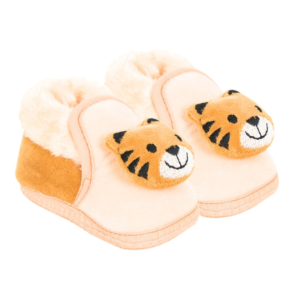Baby Unisex Cotton and Fur Tiger Face Beige,Brown Lace Booties-BT791