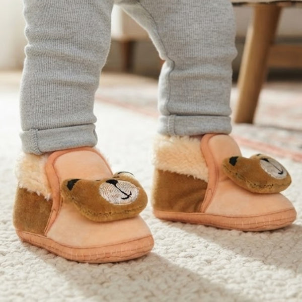 Baby Unisex Cotton and Fur Teddy Face Beige,Brown Lace Booties-BT795