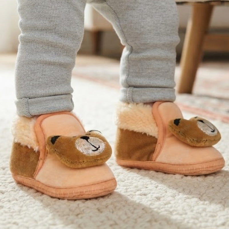 Baby Unisex Cotton and Fur Teddy Face Beige,Brown Lace Booties-BT795