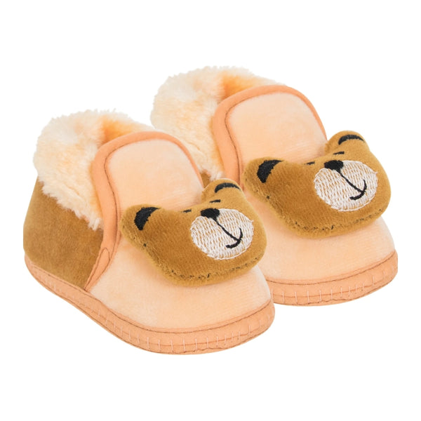 Baby Unisex Cotton and Fur Teddy Face Beige,Brown Lace Booties-BT795
