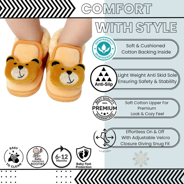 Baby Unisex Cotton and Fur Teddy Face Beige,Brown Lace Booties-BT795