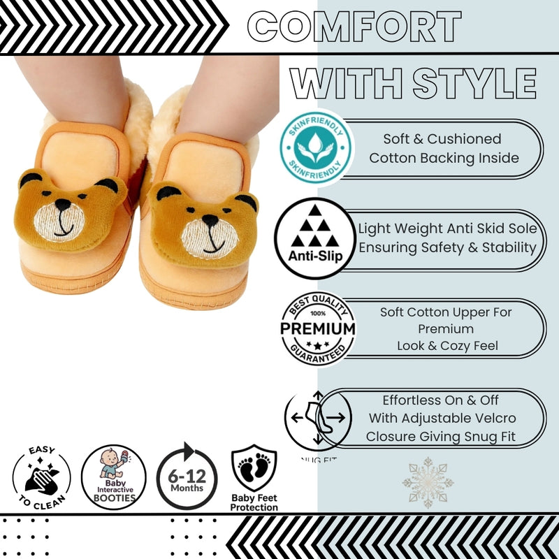 Baby Unisex Cotton and Fur Teddy Face Beige,Brown Lace Booties-BT795