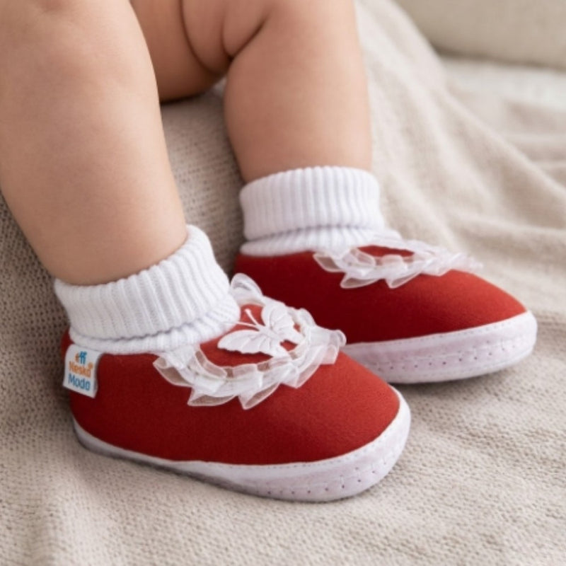 6 To 12 Months Baby Girls & Baby Boys Soft Cotton Cute Butterfly Booties (Maroon)-BT84
