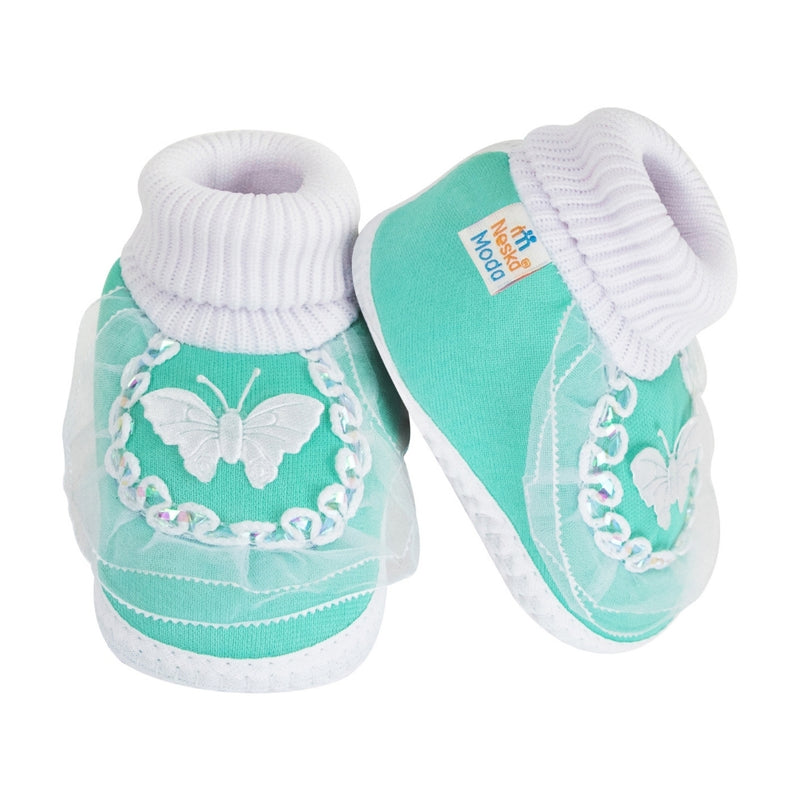 6 To 12 Months Baby Boys & Girls Cotton Pre-Walker Butterfly Frill Booties (Green)-BT88