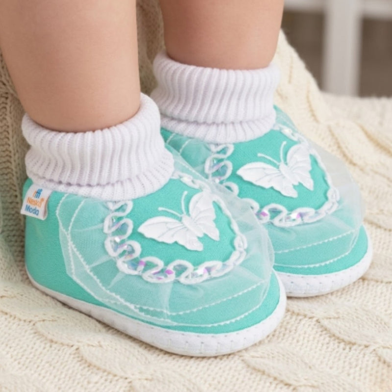 6 To 12 Months Baby Boys & Girls Cotton Pre-Walker Butterfly Frill Booties (Green)-BT88