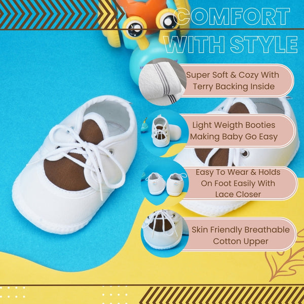 0 To 6 Months Baby Boys & Baby Girls Lace Cotton Shoe/Booties (White,Brown)-BTB4961
