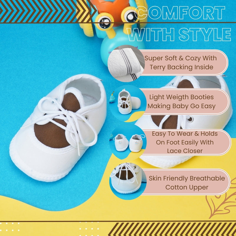 0 To 6 Months Baby Boys & Baby Girls Lace Cotton Shoe/Booties (White,Brown)-BTB4961