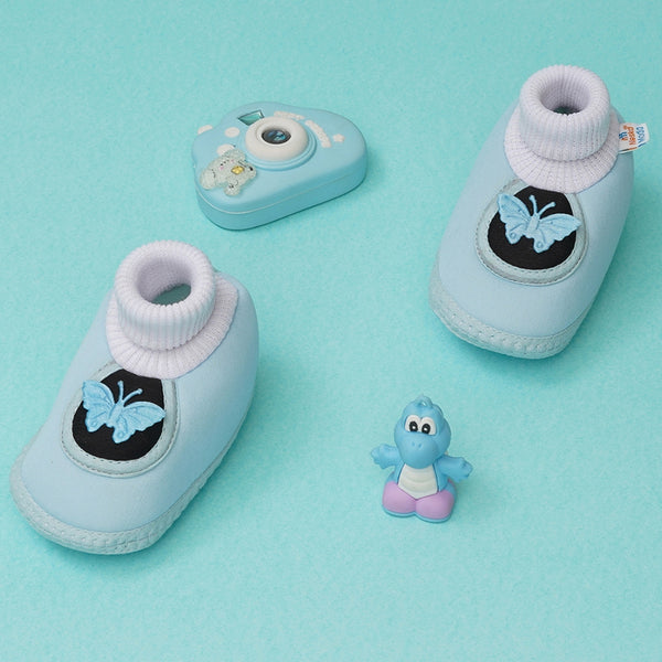 0 To 6 Months Baby Girls Slip-On Cotton Shoe/Booties (Light Blue,Black)-BTB4970