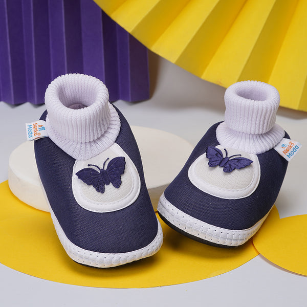 0 To 6 Months Baby Girls Slip-On Cotton Shoe/Booties (Navy)-BTB4976