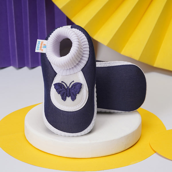 0 To 6 Months Baby Girls Slip-On Cotton Shoe/Booties (Navy)-BTB4976