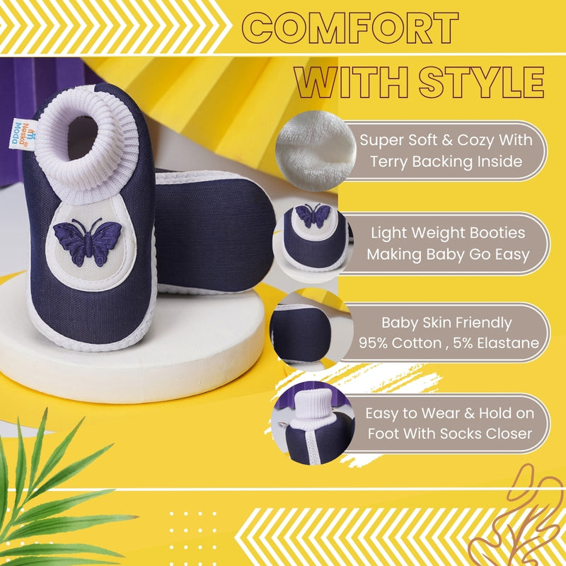 0 To 6 Months Baby Girls Slip-On Cotton Shoe/Booties (Navy)-BTB4976