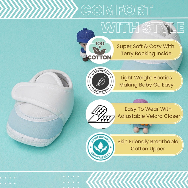 0 To 6 Months Baby Boys & Baby Girls Velcro Cotton Shoe/Booties (White,Blue)-BTB4981