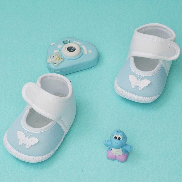 0 To 6 Months Baby Girls Velcro Cotton Shoe/Booties (White,Blue)-BTB4989