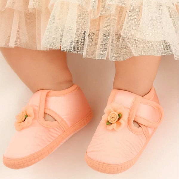 0 To 6 Months Baby Girls Satin Floral Newborn Booties (Orange)-BTB5193