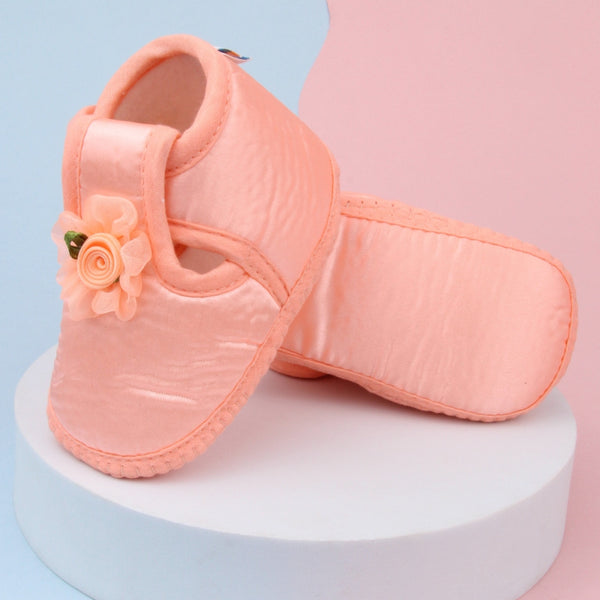0 To 6 Months Baby Girls Satin Floral Newborn Booties (Orange)-BTB5193
