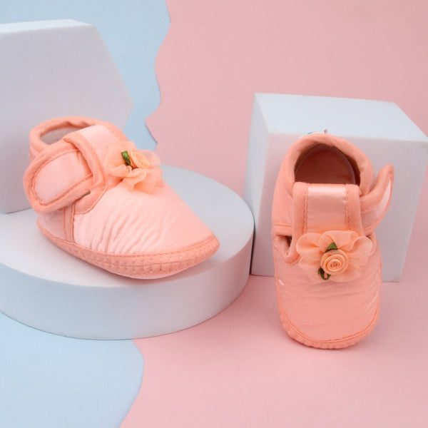 0 To 6 Months Baby Girls Satin Floral Newborn Booties (Orange)-BTB5193