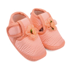 0 To 6 Months Baby Girls Satin Floral Newborn Booties (Orange)-BTB5193