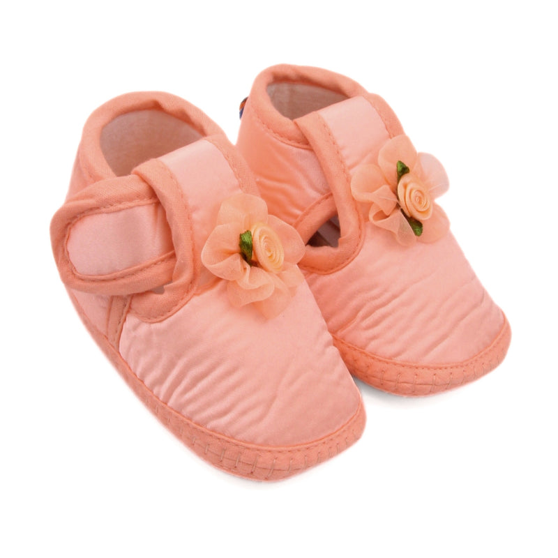 0 To 6 Months Baby Girls Satin Floral Newborn Booties (Orange)-BTB5193