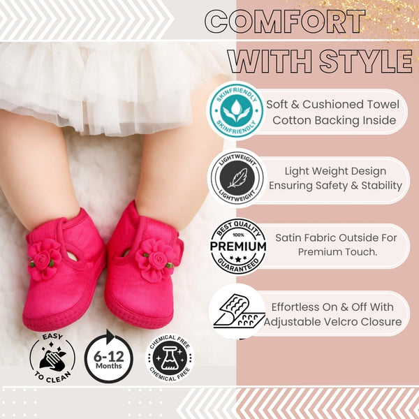 0 To 6 Months Baby Girls Satin Floral Newborn Booties (Rani)-BTB5194