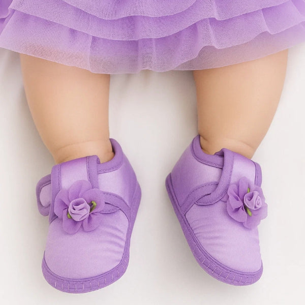 0 To 6 Months Baby Girls Satin Floral Newborn Booties (Purple)-BTB5195