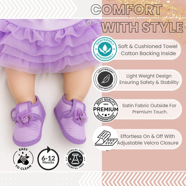 0 To 6 Months Baby Girls Satin Floral Newborn Booties (Purple)-BTB5195