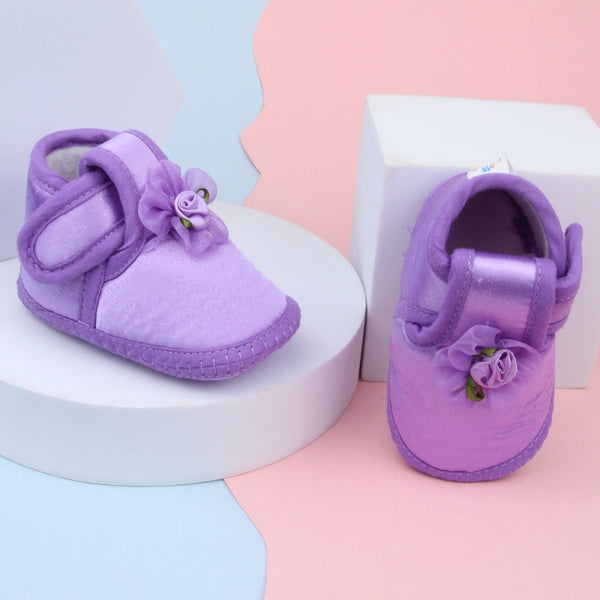 0 To 6 Months Baby Girls Satin Floral Newborn Booties (Purple)-BTB5195