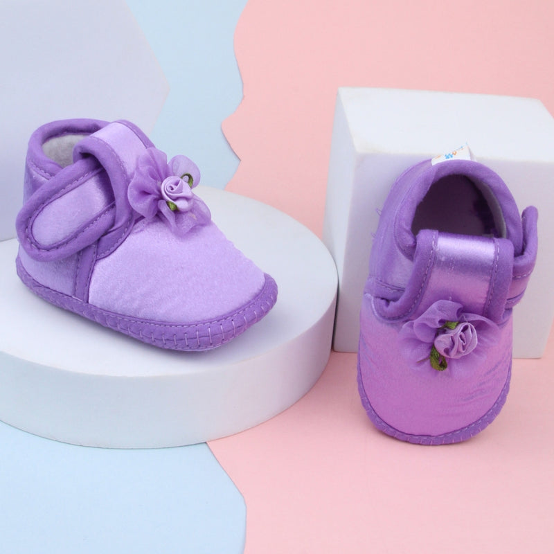 0 To 6 Months Baby Girls Satin Floral Newborn Booties (Purple)-BTB5195