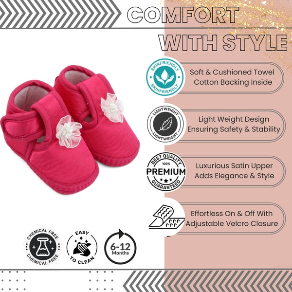 0 To 6 Months Baby Girls Satin Floral Newborn Booties (Rani)-BTB5196
