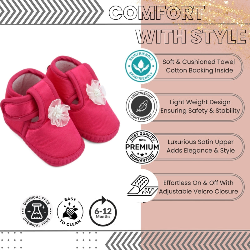 0 To 6 Months Baby Girls Satin Floral Newborn Booties (Rani)-BTB5196